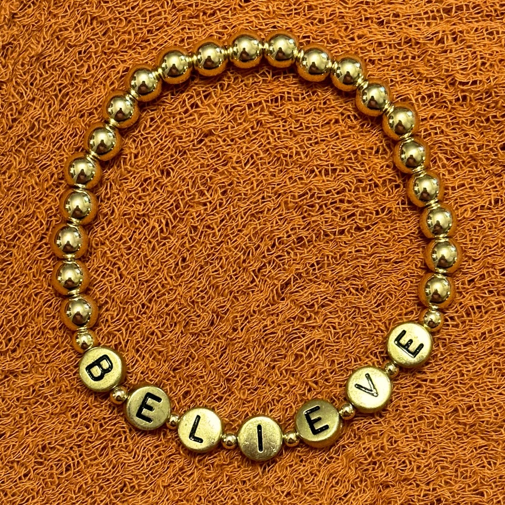 TED LASSO BELIEVE bracelet- round beads are 14k coated